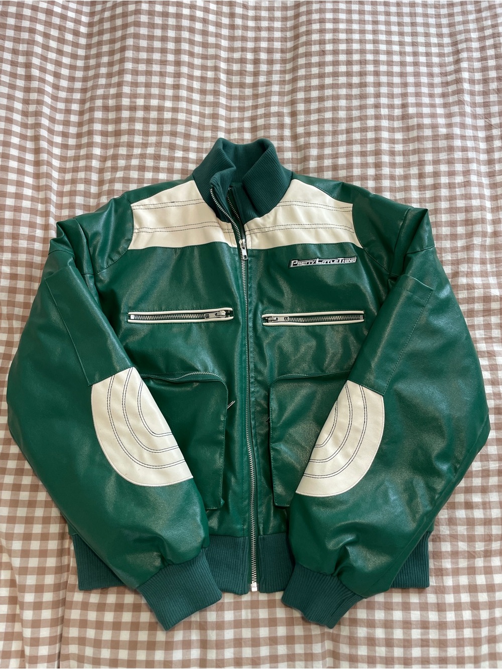 PrettyLittleThing Forest Green Racer Leather Jacket